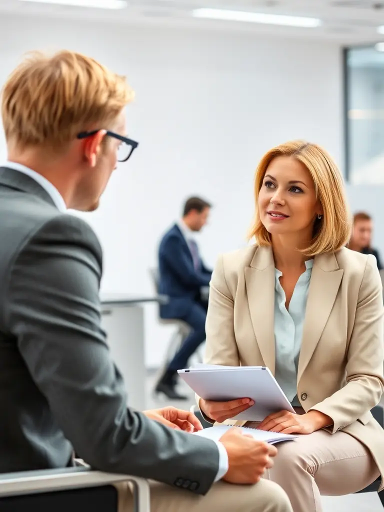 A sales trainer providing personalized feedback to a trainee during a setting skills workshop, emphasizing active listening and effective communication.