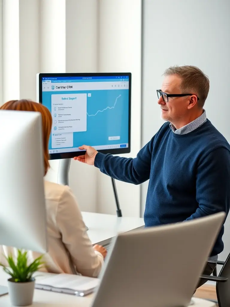 A professional showcasing sales support services, assisting a client with CRM software on a desktop computer in a modern office setting.