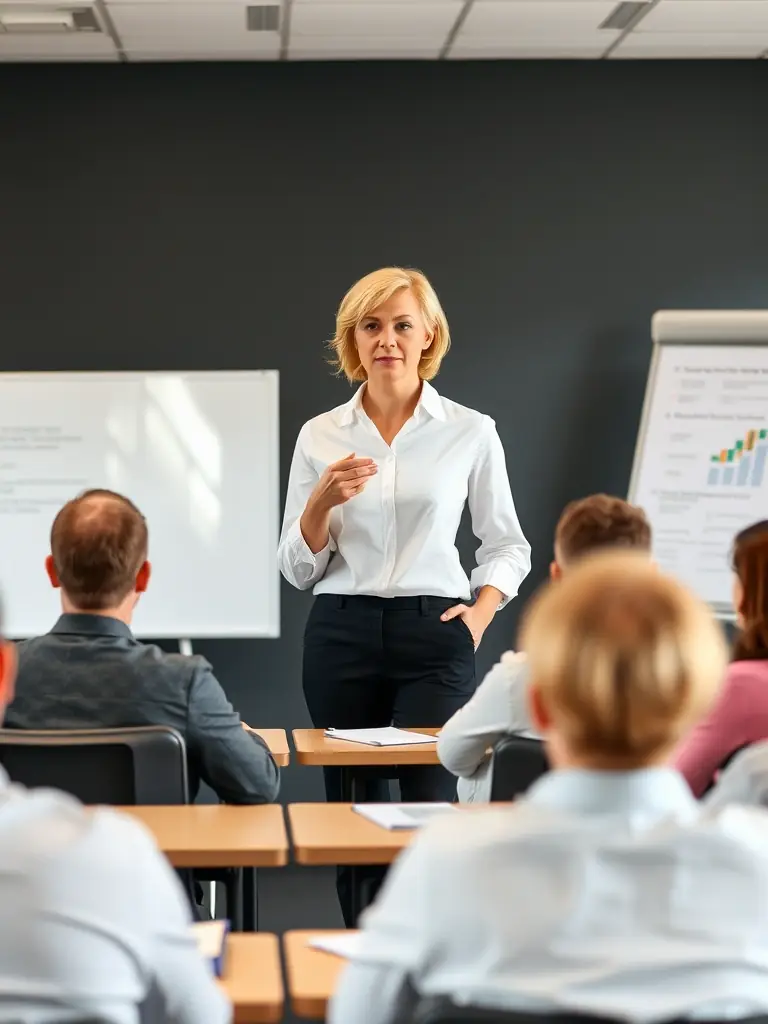 A sales trainer conducting a workshop for closers and setters, demonstrating effective techniques and providing personalized feedback in a training room.