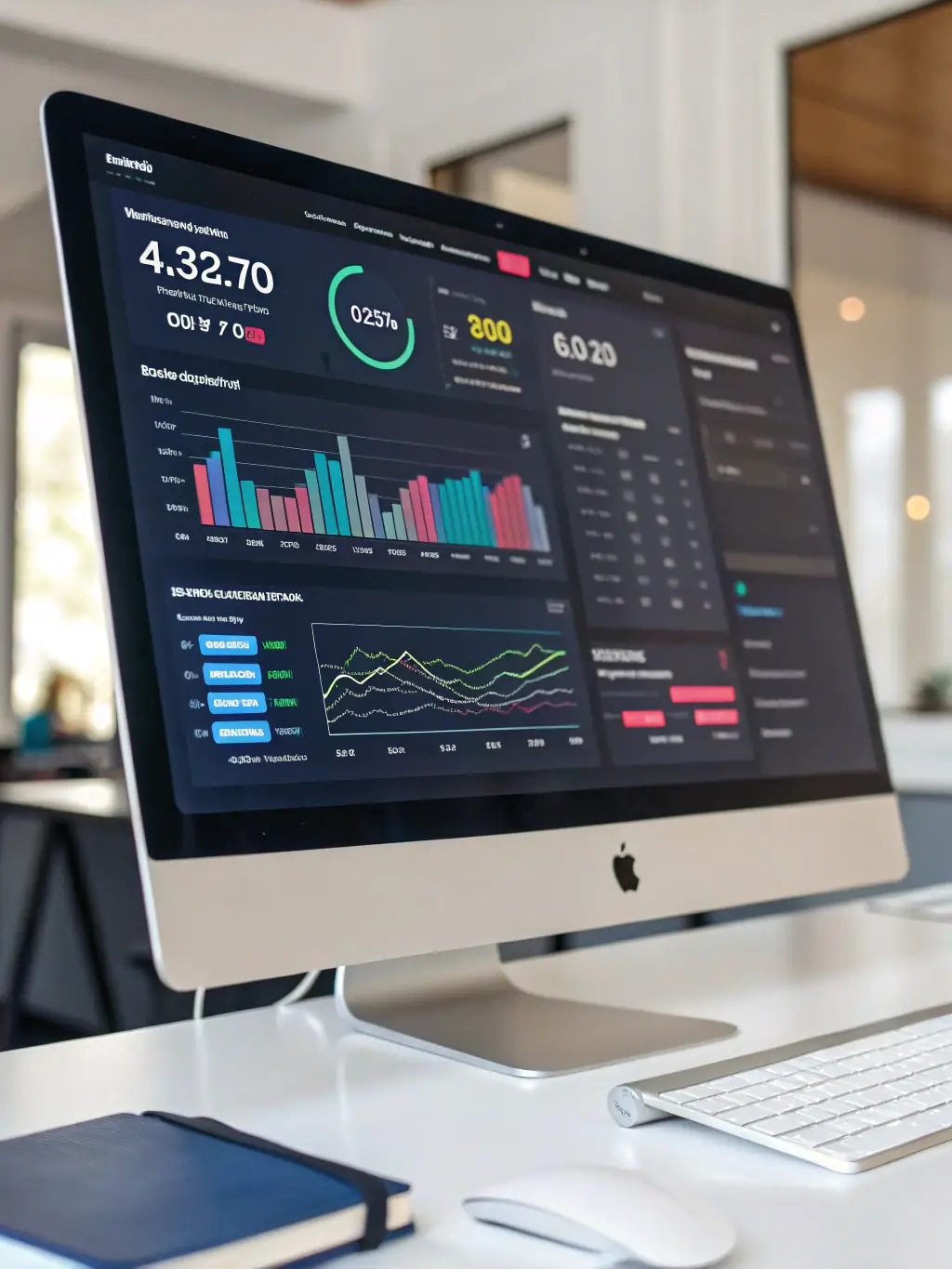 A dynamic image of a digital marketing dashboard displaying analytics, lead generation metrics, and campaign performance data.