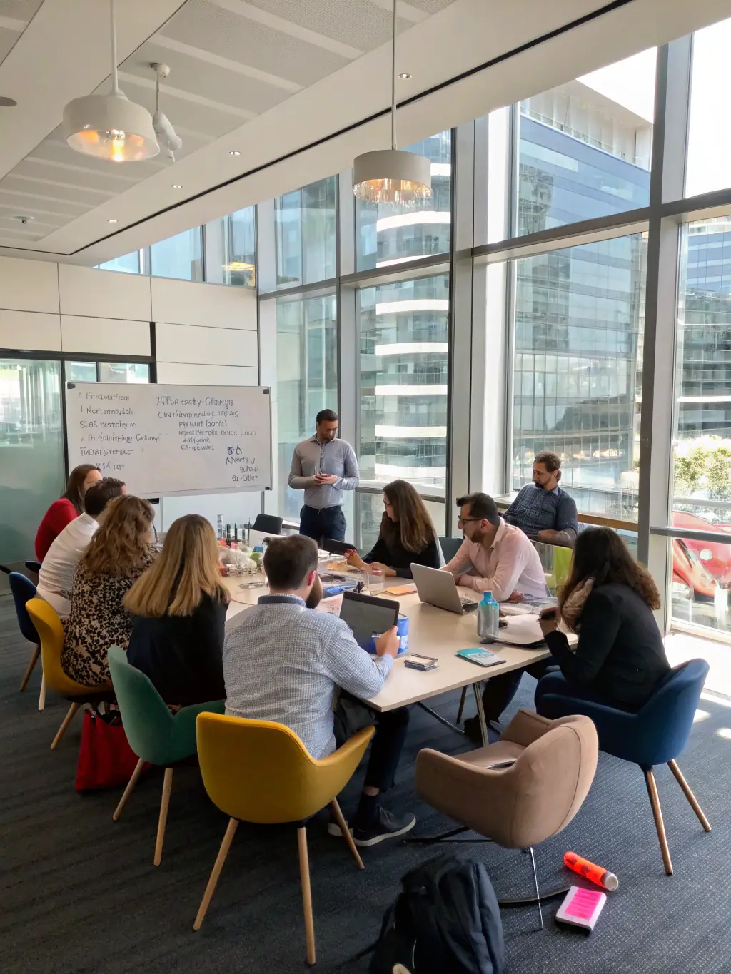 An engaging image of a sales team collaborating on a marketing strategy, brainstorming ideas, and planning campaigns.