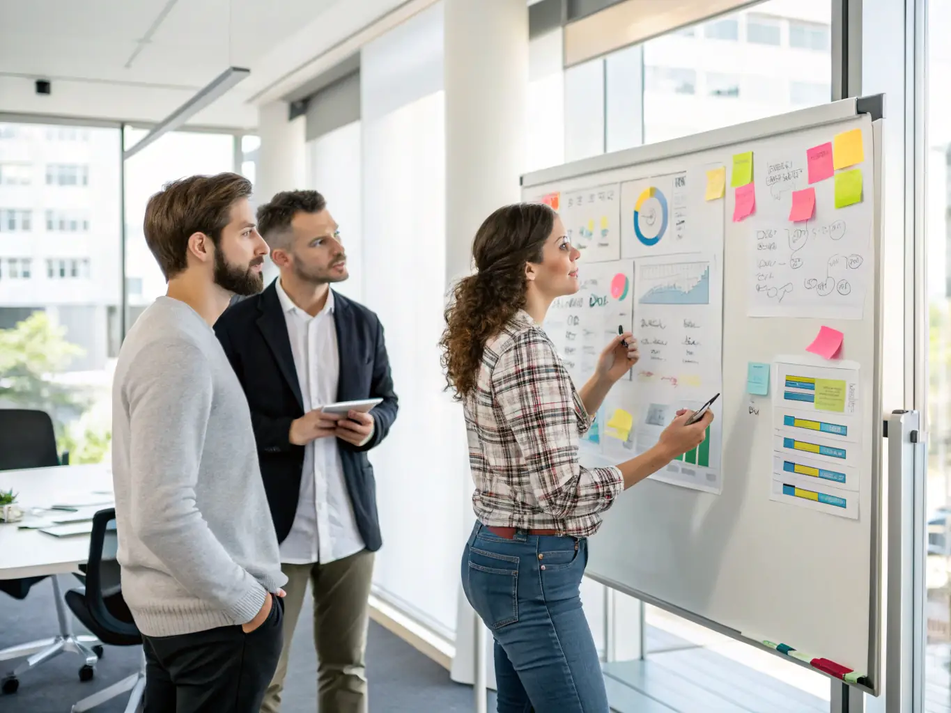A professional team collaborating on sales strategies in a modern office, emphasizing teamwork and strategic planning.
