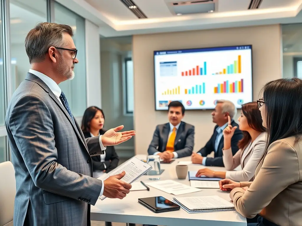 A consultant advising a business team in a boardroom, focusing on strategic planning and sustainable growth.