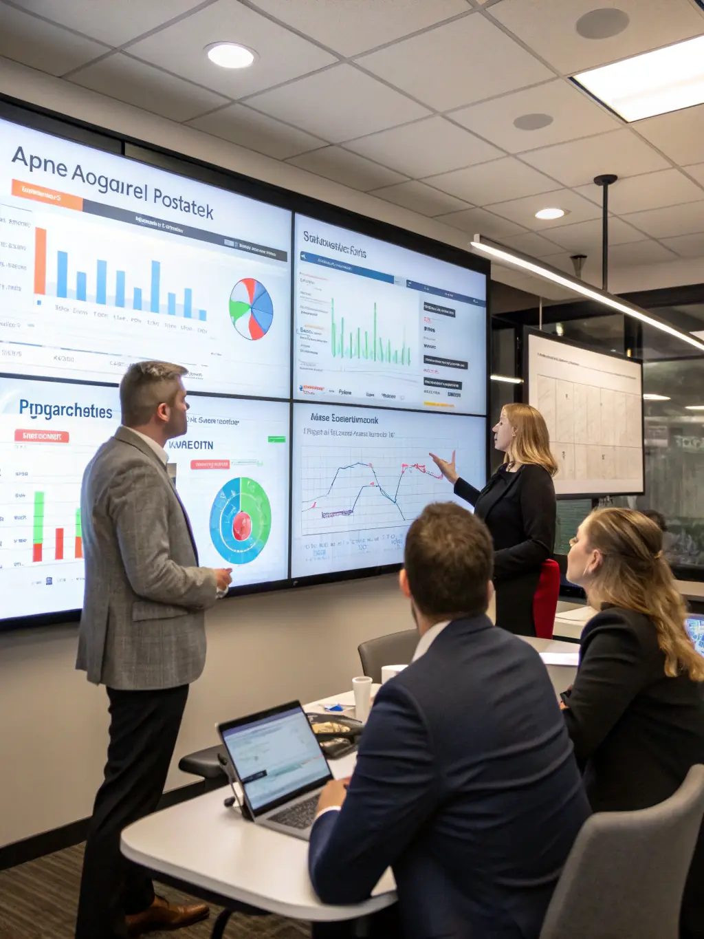 A dynamic sales marketing team collaborating on a digital campaign strategy, analyzing data on a large screen in a creative workspace.