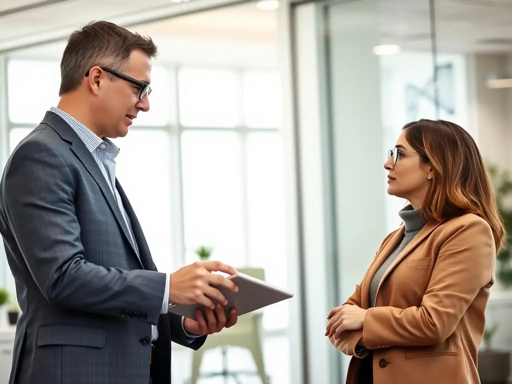 A consultant presenting a strategic plan to a client in a modern office setting, emphasizing collaboration and strategic thinking.