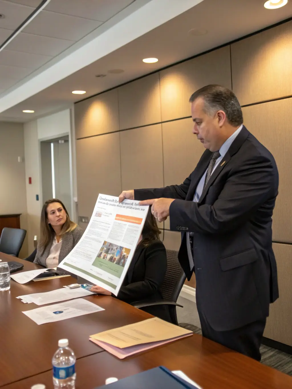 A business consultant leading a strategic planning session with a client, using visual aids to illustrate growth opportunities and actionable plans.