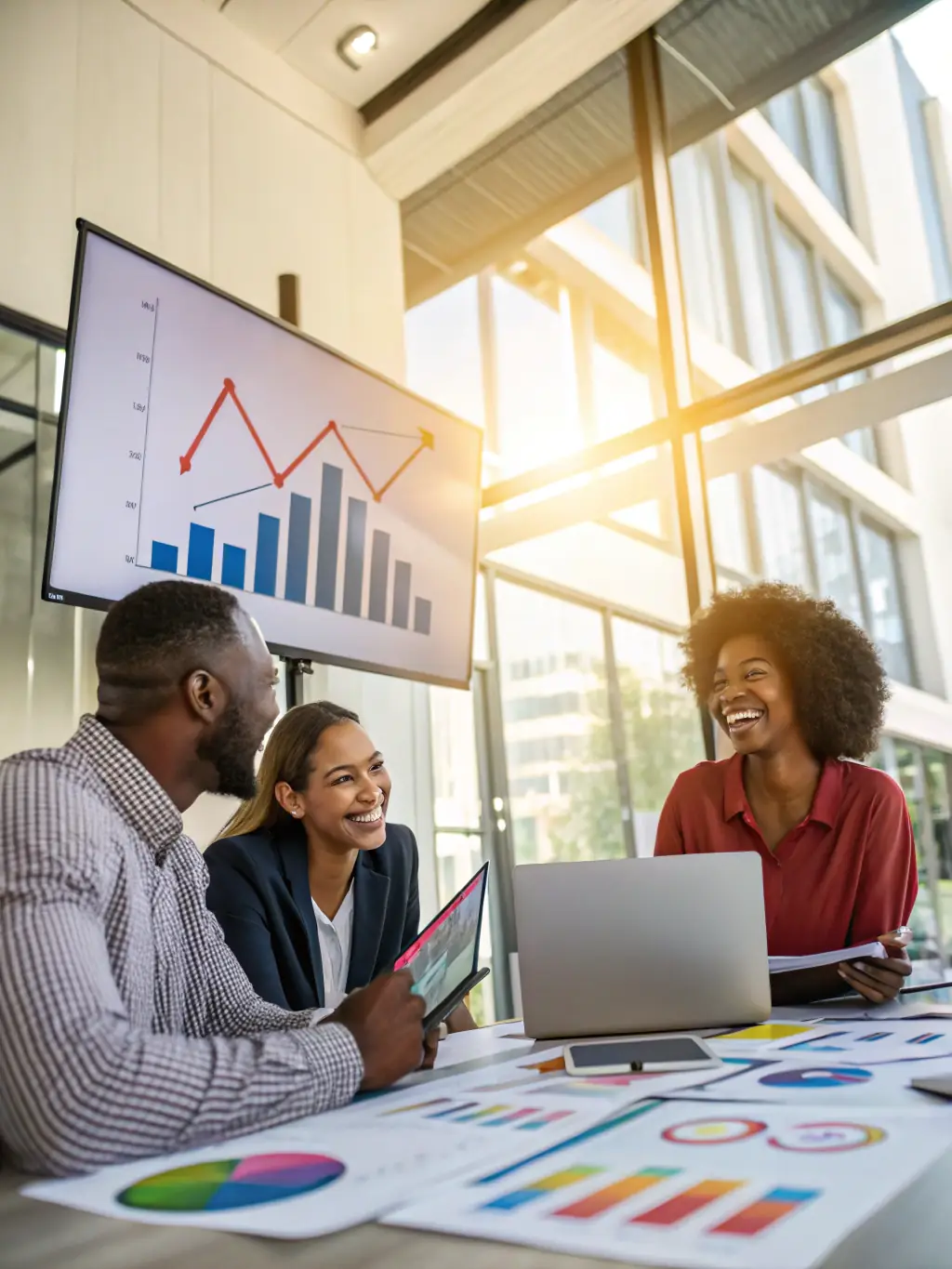 A vibrant image showcasing a successful sales marketing campaign with rising graphs and happy customers, emphasizing the positive impact on business growth.