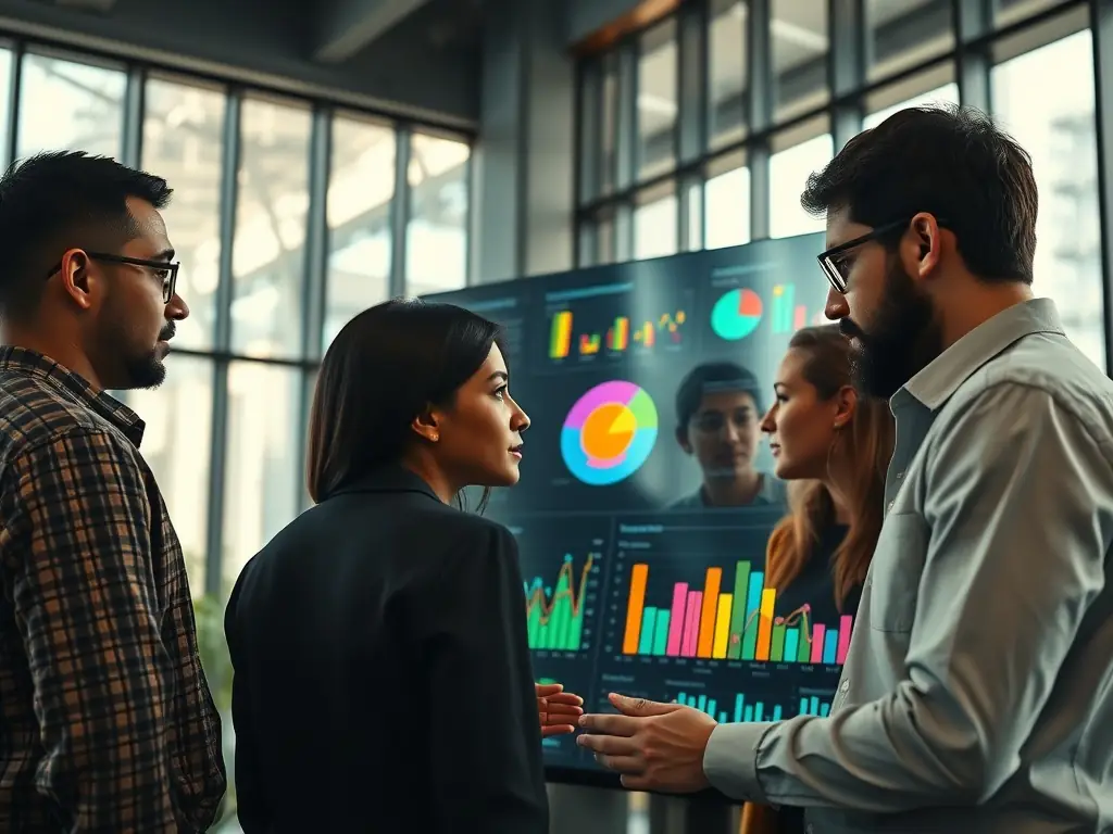 An image showing a sales team collaborating over a digital dashboard, emphasizing support and teamwork.