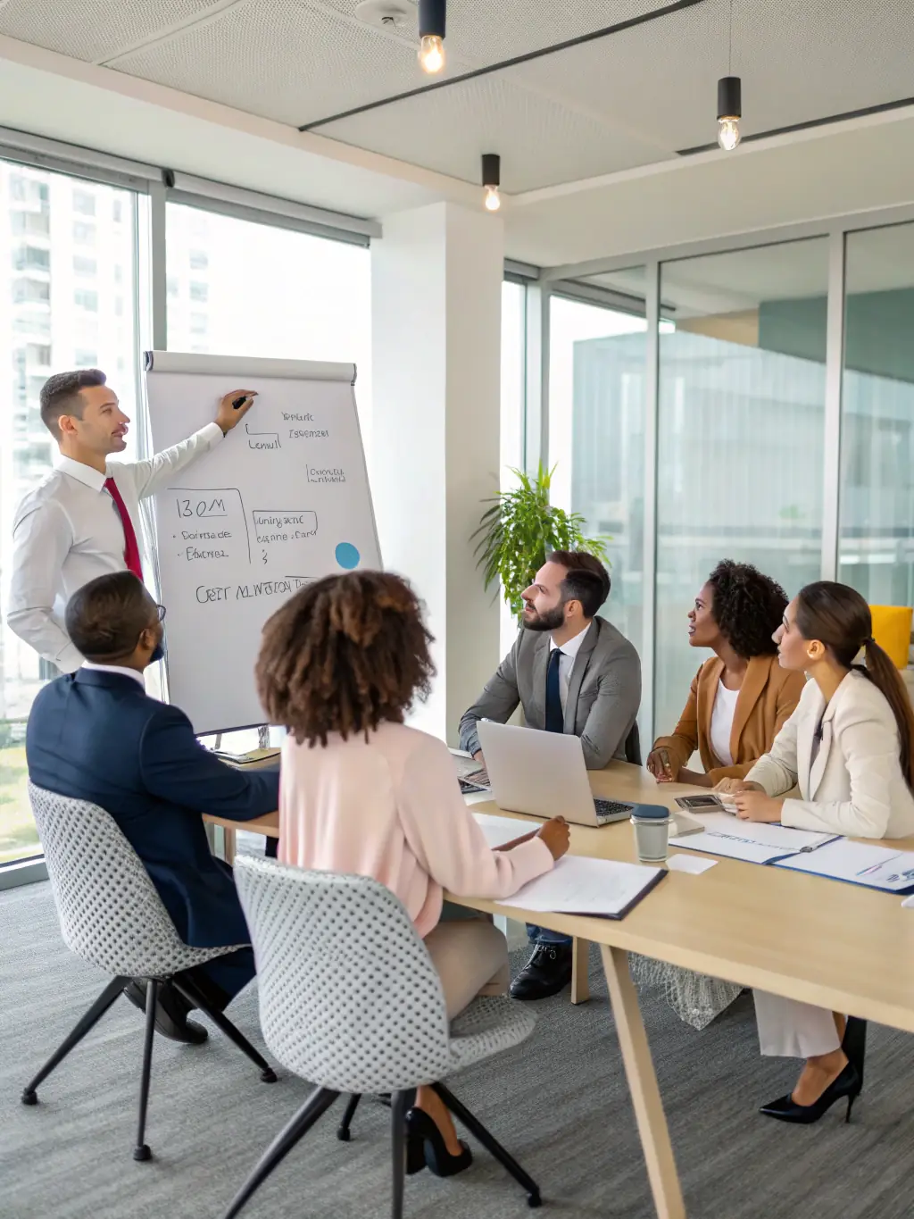 A team of sales professionals collaborating on a digital whiteboard, brainstorming innovative sales strategies and techniques learned from the training program.